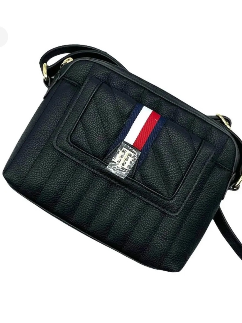 Tommy Hilfiger Black Quilted Crossbody with Red and White Stripe